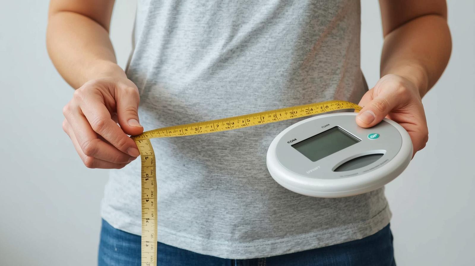 Métabolisme basal calcul : combien devez-vous vraiment manger ? faz uma imagem de uma pessoa com uma fita metrica na mao e uma balanca de alimentos na outra