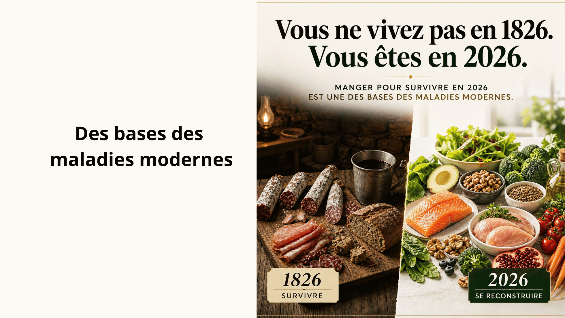 comparaison entre alimentation transformée française et vraie nourriture naturelle.